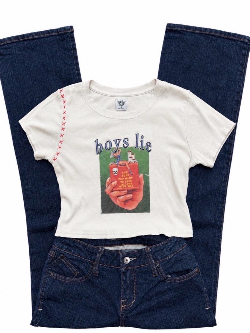 boys lie y2k play with fire ribbed baby tee white size small